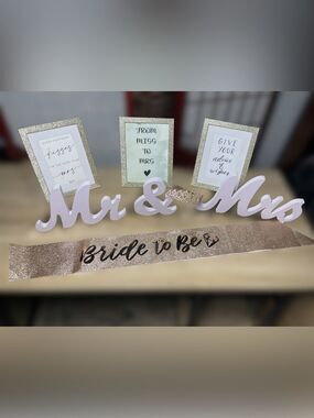 Bride To Be Bundle - Sash, 2 Veils, Crown, 3 Framed Games, Wooden Mr. & Mrs.